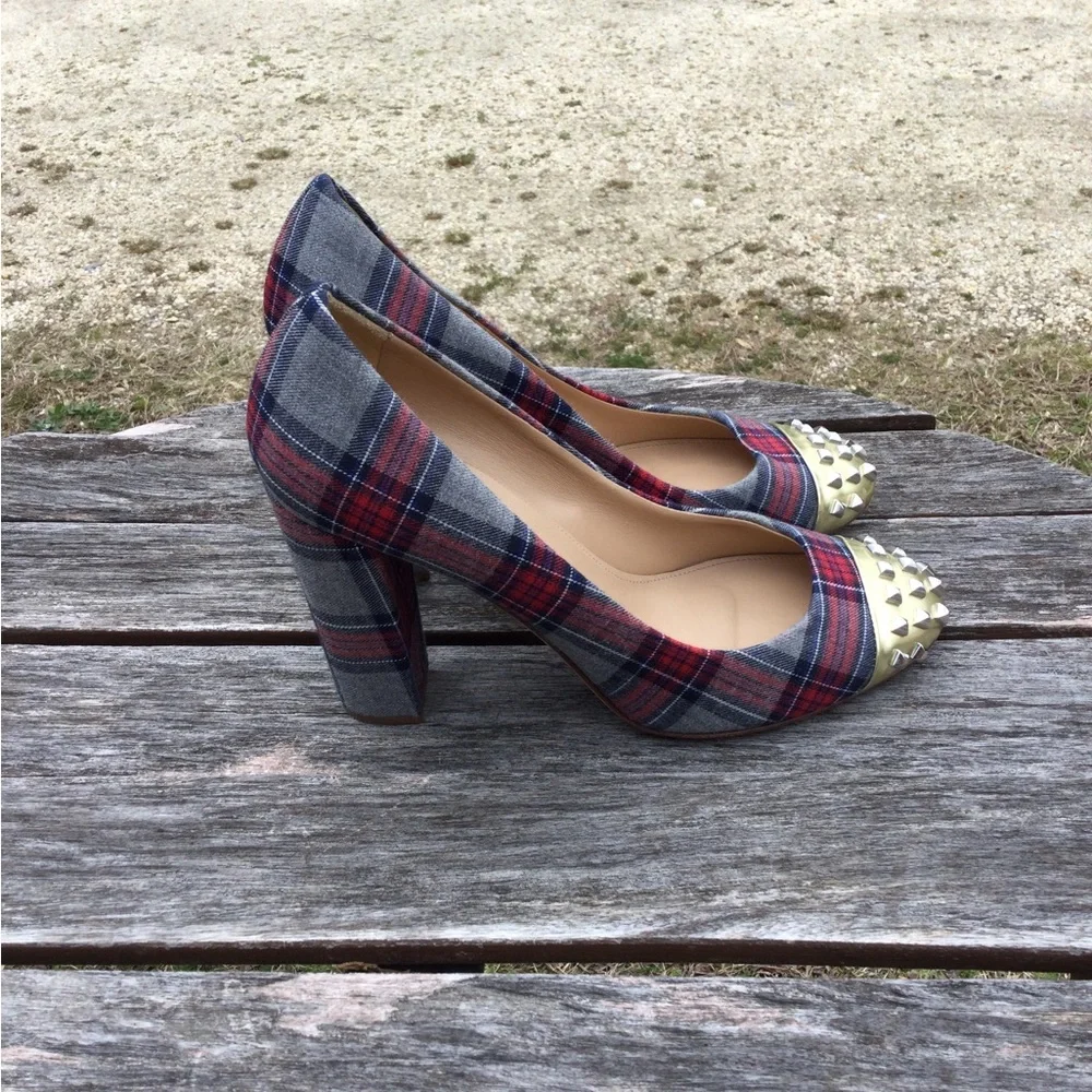 Etta Plaid Studded Cap Toe Pumps Heels Shoes 8.5
